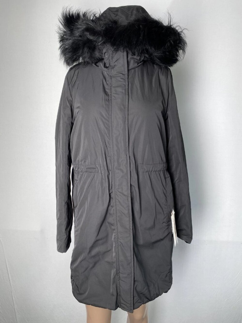 Intrend Womens Coat Black Size 0 Quilted Reversible Racoon Fur Trim Hood Jacket
